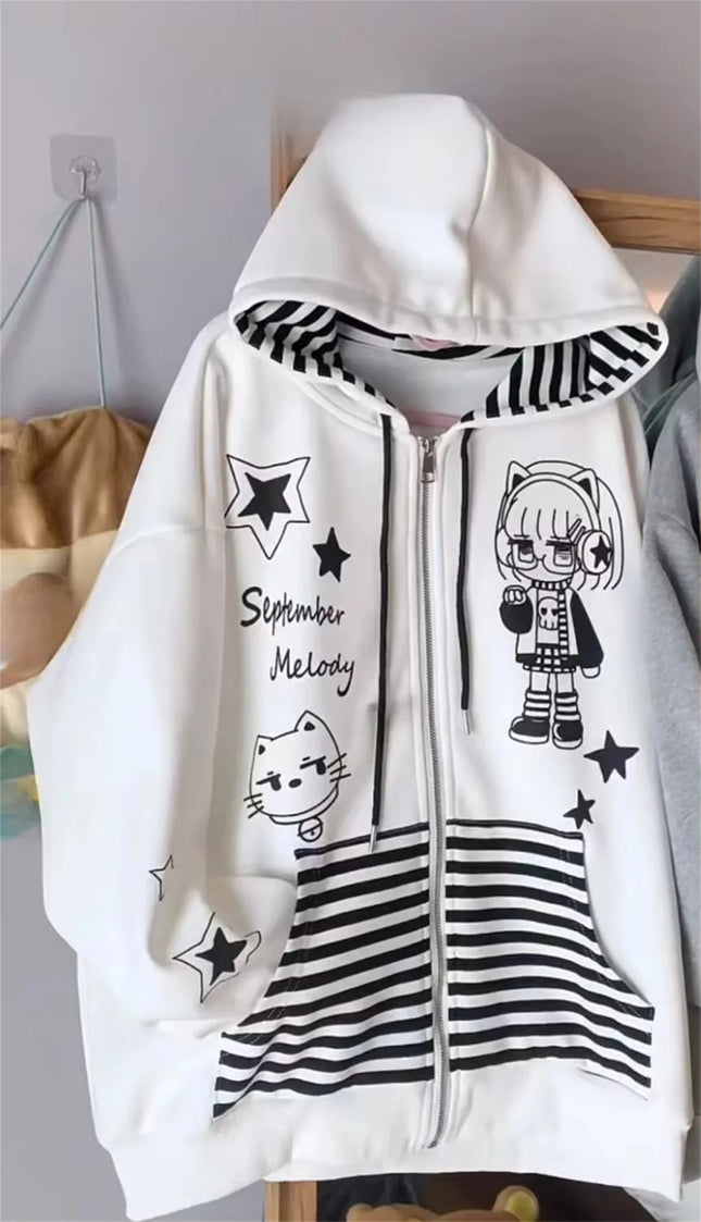Japanese Y2k Hoodies Jackets Women Clothes Polka Dot Cat Print Sweatshirts 2025 Ropa Mujer Casual Chic Hooded Cute Hoodie Tops