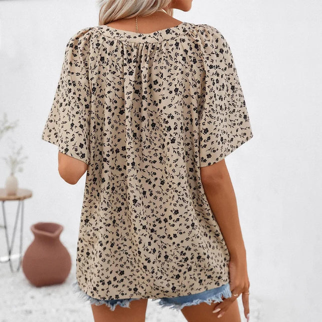 Plus Size Women's Shirts, All-Over Printed Short-Sleeved Stand-Up Collar Shirts, Women's Office Casual Tops