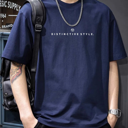 Men's 100% Cotton Casual T-Shirt - Short Sleeve, Round Neck, "DISTINCTIVE STYLE" Letter Print Design, Navy Blue, Casual Wear