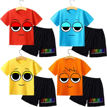 2pcs Sprunki T-shirt Shorts Set for Children Anime Cartoon Fashion Short Sleeved Shirt Pants Suit Boys Girls Summer Kawaii Suits