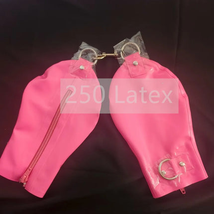 Cos Pink Latex Fetish Hand Bondage Boxing Gloves w/o Finger Tight Clasp Iron Ring Lockable Zipper 0.4mm Halloween Party Outfit