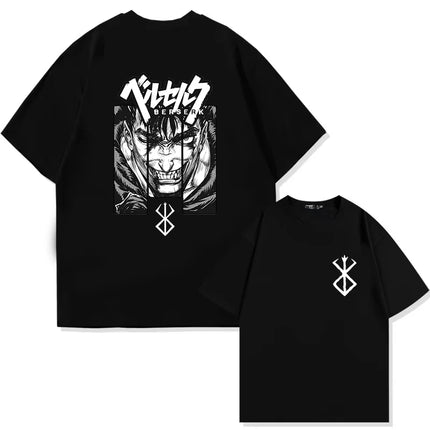 Japan Anime Berserk T-Shirt Guts Print Graphic Tee Men's 90s Summer Short Sleeve Casual Manga Dark Fantasy Black Swordsman Style