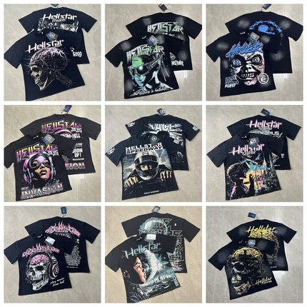 Retro Washed Loose Ex-Ort Sweet T-shirt Hell Star Skull Letter Print High Street Short Sleeve Summer Top for Men and Women