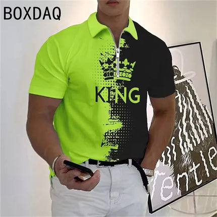3D King Printed Polos Summer Short Sleeve Turndown Collar Casual Tops Fashion Oversized Men High Quality Zipper Pullover Polos