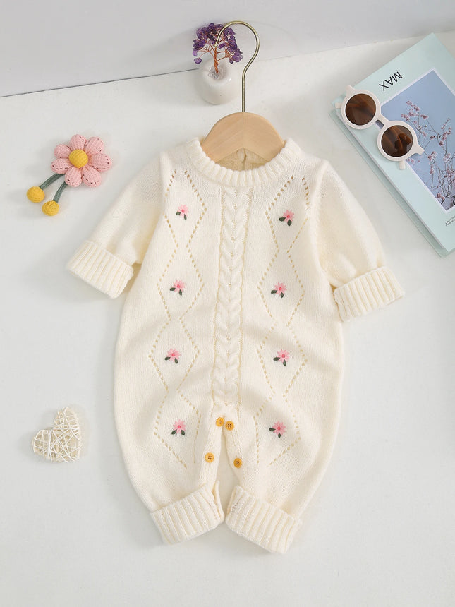 Baby's Sweet and Cute Floral Embroidered Long-Sleeved Warm and Comfortable Knitted One-Piece Romper