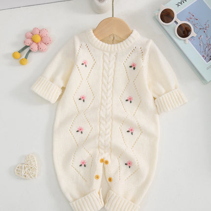 Baby's Sweet and Cute Floral Embroidered Long-Sleeved Warm and Comfortable Knitted One-Piece Crawling Suit