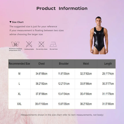 Mens Shiny Metallic Leather Thongs Bodysuit Sleeveless Bulge Pouch Back Zipper One-piece Leotard Jumpsuit for Nightclub Raves