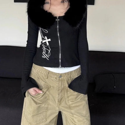 Vintage Y2k Fur Collar T Shirt Women 2000s Aesthetics Off Shoulder Tops Harajuku Letter Print Long Sleeve T-shirt New 2026