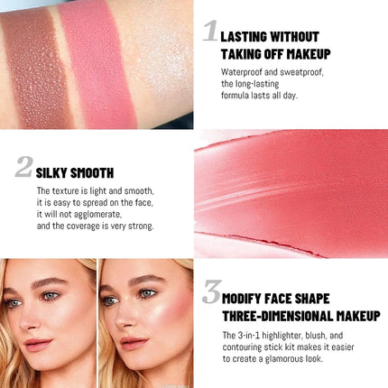 Blush Contour Highlighter Stick for Cheeks Eyes Lip Lightweight Dewy Finish Blush Stick Contour Natural Blusher Stick Makeup Set