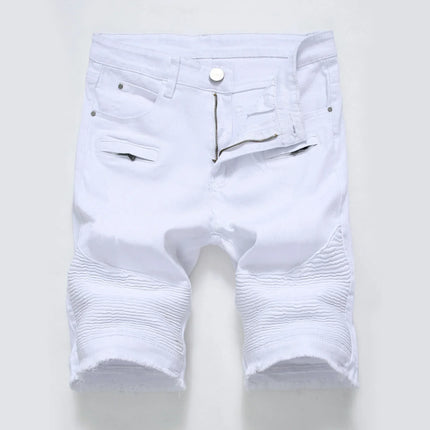 New Red Men's Jeans Shorts Pleats and Holes Decorated Shorts Men Blue White Black Blue Red Denim Shorts，Asian Size