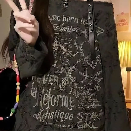 Vintage Y2K Oversize Off shoulder T shirt With Print Women Ripped Top Hole Long sleeve Baggy Basic T shirt Pulovers Ladies Tops