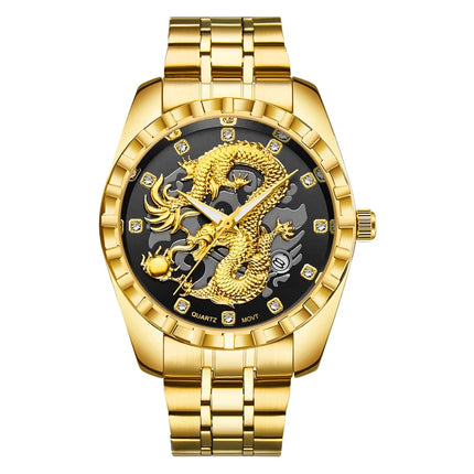 WLISTH Men's Watch 3D Golden Dragon Original Quartz Watch for Men Dragon Dial Waterproof Luminous Date Stainless Steel Watches