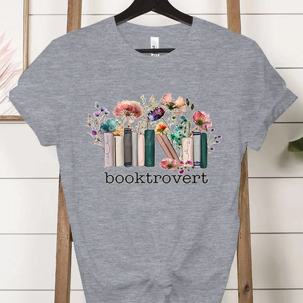Booktrovert Fashion Casual T-shirts Funny Book Lover Summer Short Sleeve Tee Trendy Vintage Bookish Flower Classic Tops Clothes