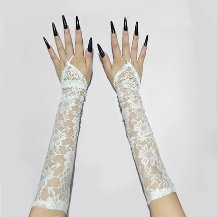48cm Black White Women Sexy Hollow Lace Flowers Hook Finger Long Gloves Mesh Transparent Halloween Cosplay Stage Performance