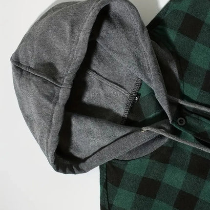 Men's Shirts Classic Plaid Casual Button Down Hooded Long Sleeved Double Pockets Shirt Hoodie Flannel Jacket Spring Autumn Tops