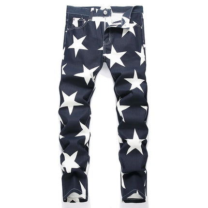 Men Stars Print Jeans Y2K Fancy Color Stretch Cotton Denim Pants Fashion Slim Straight Trousers