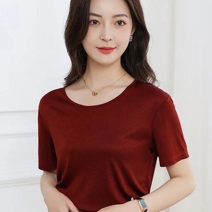 Summer High-End Women's Short Sleeve T-Shirt Acetate Fabric Knitted European Style Thin Hot Selling Top for Ladies