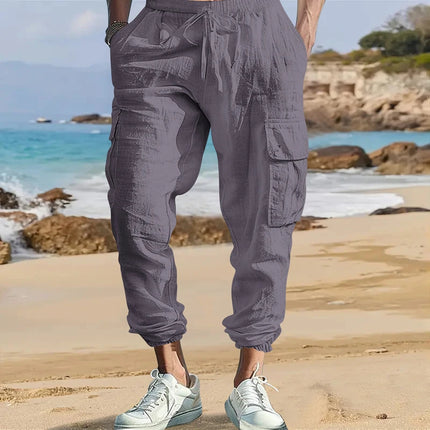 Men's Cotton Linen Blend Cargo Jogger Pants, Elastic Waist Drawstring Trousers with Side Pockets for Summer Casual Daily Outdoor