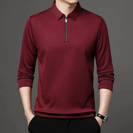 Spring and Autumn Men's Collared Polo Shirt Casual Long-Sleeved Men's Solid Color Top Fashionable Streetwear Zipper Collar Men's