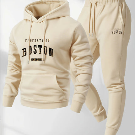 Men's Boston print hooded sweatshirt and sweatpants soft and comfortable thin warm sweatpants set autumn and winter