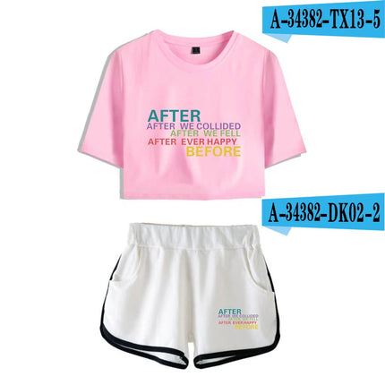 Youthful Black White After We Collided Girl Dew navel Two Piece Set Sexy Short Sleeve Crop T-shirts+Shorts Pants Tracksuit