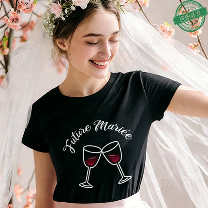 French Themed Bridal Party T Shirts Women Future Mariée Team De La Mariée Tee Short Sleeve Wine Glass Tops for EVJF Bachelorette