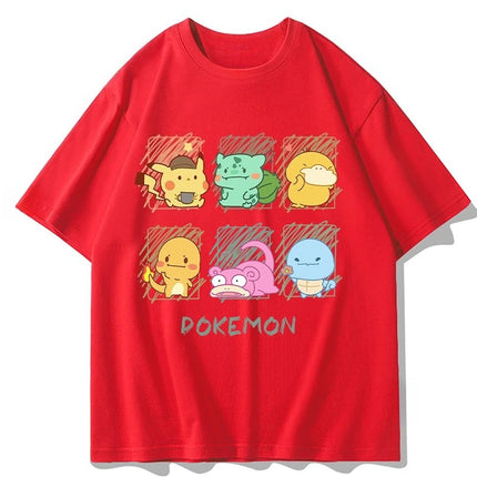 2026 Summer Pokemon Cute Starters Group Print T-Shirt, 100% Cotton Loose Oversized Couple & Family Tee for Travel Game & Sports