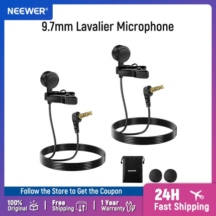 NEEWER ø9.7mm Lavalier Microphone (2 Pack), 3.5mm TRS Clip On Lapel Wired Omnidirectional Condenser Lav Mic with 1.5m Cable