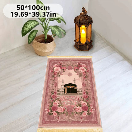 VIKAMA Muslim Prayer Rug with Pink Heart Print, Islamic Design Foldable Travel Mat, Washable And Portable For Salah, Eid, Hajj