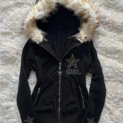 American Vintage Pink Furry Hoodie Women Y2K Harajuku Faux Fur Collar Jacket Fashion Slim Waist Belted Hot Girl Sweatshirt New