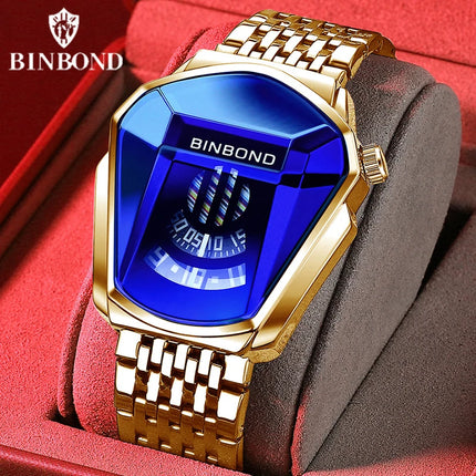 BINBOND Men Popular Fashion Motorcycle Concept Quartz Watch Luminous Steel Band Mesh Watch Touch Screen Black Technology Watch