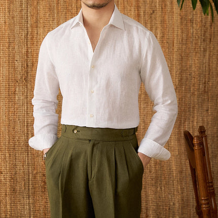 Mr. Lu San Men's White 100% Linen Italian-Style Eight-Collar Long-Sleeved Casual Shirt Breathable Light Luxury for Commuting
