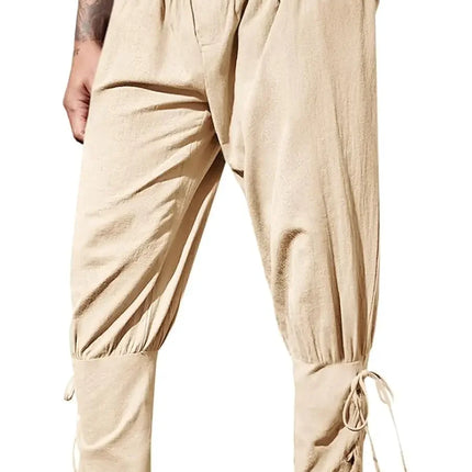 Mens Medieval Ankle Pants Renaissance Viking Pirate Lace Up Tapered Halloween Linen Costume Trousers Cargo Pants