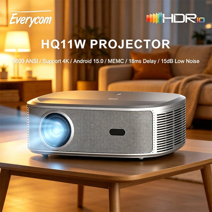 Everycom HQ11W Projector 3600 ANSI Full HD 1080P 4K Decoding HDR10 15dB Low Noise Android 15 Smart TV Beamer for Home Cinema