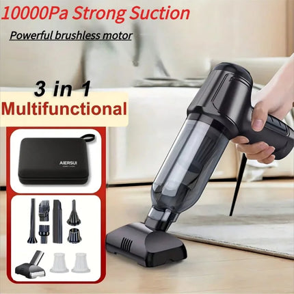 Handheld vacuum cleaner with integrated suction and blowing functions, ideal for cleaning cars, homes, offices, and pet areas.