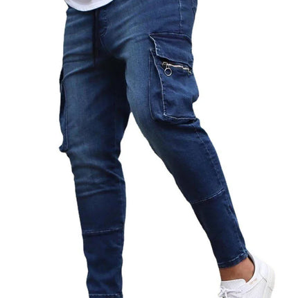 New Jeans Men Pants Wash Solid Color Multi Pockets Denim Mid Waist Cargo Jeans Plus Size Fahsion Casual Trousers Male Daily Wear