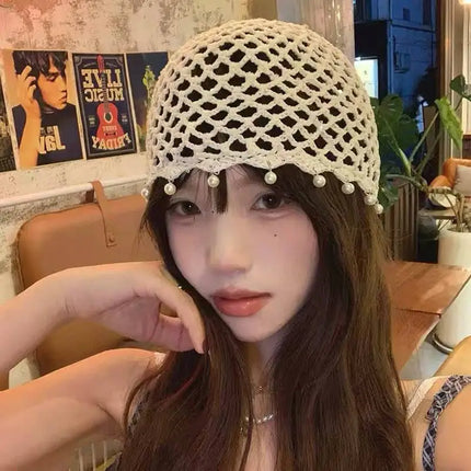 Retro Ethnic Hollow Knit Head Wrap Hat Sequins Pearl Fringe Tassel Crochet Beanie Bohemian Breathable Summer Women Pullover Cap