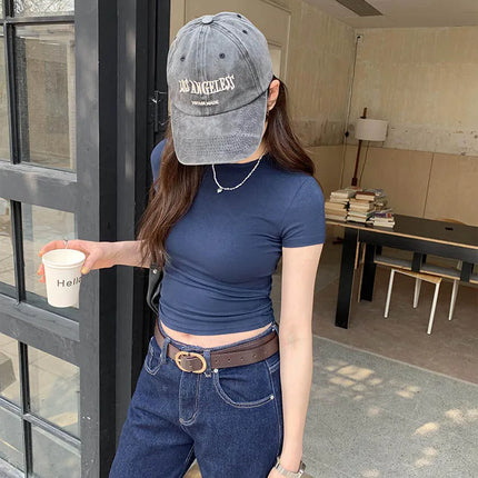 American style spicy girl shoulder T-shirt for women in summer 2025, tight fitting and slimming short top, basic elastic short s