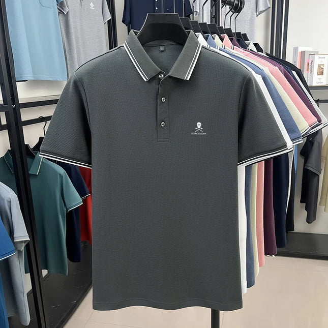 Fashionable men's short sleeved striped polo shirt brand printed top summer 100% cotton comfortable breathable casual T-shirt
