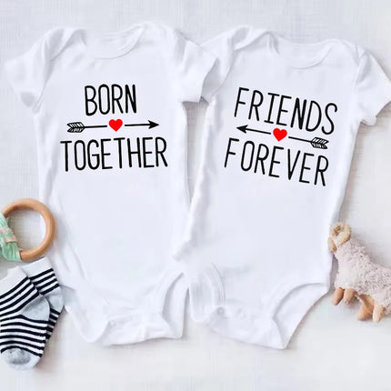 1Pc Born Together and Friends Forever Newborn Clothes Summer Short Sleeves Rompers Twins Baby Bodysuits Toddler Onesie