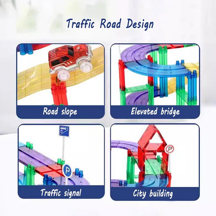 Magnetic Tiles Road Car Toys Kid Magnetic Building Blocks Electric Rail Car Construction Game Montessori STEM Activity Toys Boys