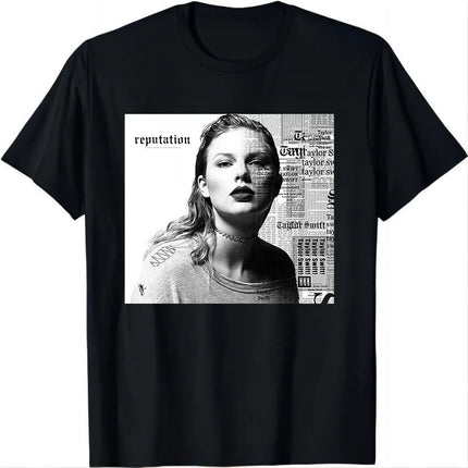 Album Book Graphic T Shirt With Midnights Red Floral Cat Elements Designs, Stylish Casual Short Sleeve Tee For Daily Wear