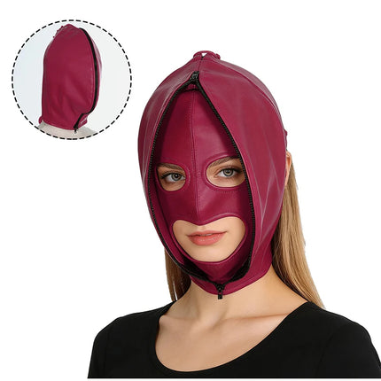 Leather Mask Full Face Double Layer Headgear Zip Head Hood Adjustable Lace-up Leather Bondage Masks Halloween Cosplay Party Mask
