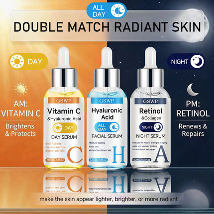 GSWP Day & Night Serum Set,Vitamin C + Retinol + Hyaluronic Acid Serums,Deeply moisturizes,tightens and brightens the face.2/3PC