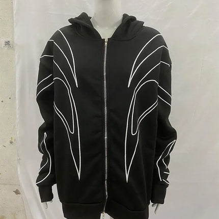 Street Retro Fashion Clothing Striped Embroidered Black Double Zipper Hoodie American Hip-hop Punk Oversized Sweatshirt women