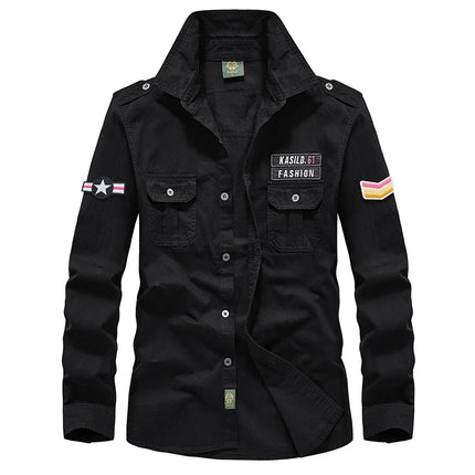 2025 New  Military Shirt Men Long Sleeve Casual Dress Shirt Male Cargo Work Shirts With Embroidery 115
