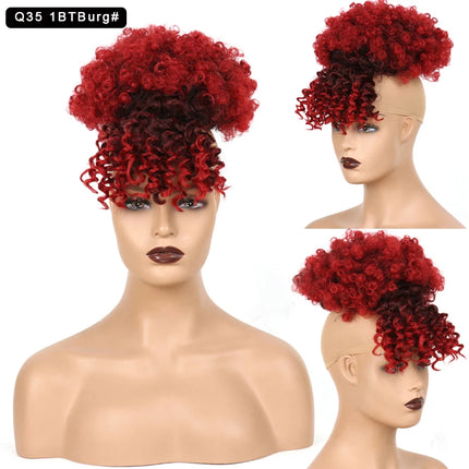 Afro Puff Synthetic Drawstring Ponytail with Bangs Pineapple Updo Hair for Black Women, Short Kinky Curly Ponytail Bun (1B)
