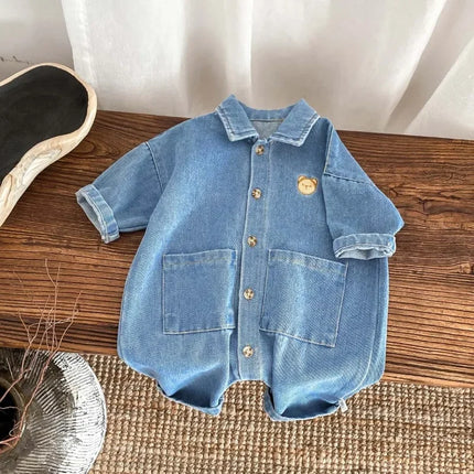 Korean Style Spring Autumn Baby Boy and Girl Romper Newborn Denim Open Button Single Breasted Lapel Casual Jumpsuit H90100