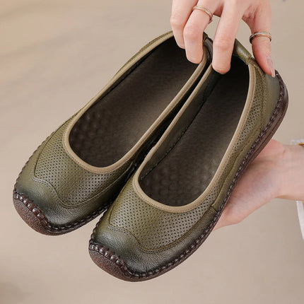New Real Leather Perforated Ballet Flats Women's Massage Insole Slip On Moccasins Woman Hollow Loafer Casual Daily Shopping Shoe