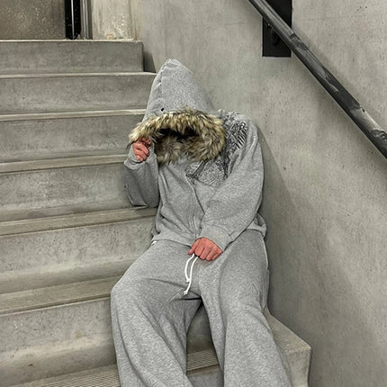 Fluffy Hat Hoodie Solid Color Casual Long Sleeve Hoodie Retro Coat Street Trend y2k
